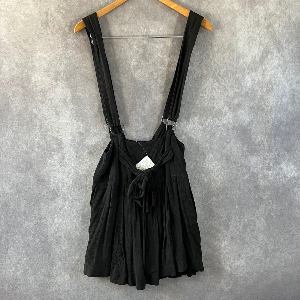 Free People Pinafore Mini Dress Women 2 Black Crinkle Tie Front D-Ring Strap NEW